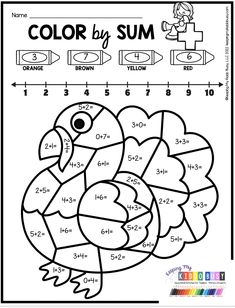 the color by sum worksheet for kids to learn how to count numbers and colors