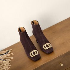 Suede Heeled Boots With Square Toe, Square Toe Suede Heeled Boots, Chic Brown Suede Platform Boots, Brown High Heels, High Heel Ankle Boots, Heel Ankle Boots, High Heel Boots Ankle, Metal Accents, Shoe Size Chart