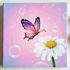 a painting of a pink butterfly flying over a white flower with bubbles in the background