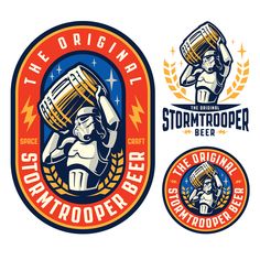 two logos for stormtrooper beer, one is holding a mug and the other has a