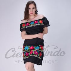 Beautifully Embroidered Dress, Handcrafted By Mexican Artisans. Features Comfortable Off The Shoulder Neckline With An Elastic Band With Shiny Silk Colorful Floral Embroidery. Perfect To Wear On A Mexican Themed Party, Mexican Fiesta, Or Just Because It Is Great To Wear A One Of A Kind Garment That Was Carefully Handmade With Love One By One, So Many Hours Behind Every Piece! Fits Also Into The Boho Style Or The Southwestern Look With A Very Cute And Romantic Vibe. Any Accessories Shown Are Sold Black Floral Embroidered Summer Dress, Embroidered Black Summer Dress, Traditional Black Spring Dresses, Traditional Black Summer Dress, Black Dress With Geometric Embroidery For Spring, Black Bohemian Embroidered Mini Dress, Black Embroidered Dress With Geometric Patterns For Spring, Black Bohemian Dress With Intricate Embroidery, Black Embroidered Mini Dress For Summer