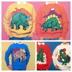 four different sweaters with dinosaurs on them