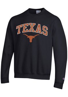 Head out in style with our Texas Longhorns Black Powerblend Crew Sweatshirt! This Longhorns Long Sleeve Sweatshirt features a team name arched over team logo embroidered on front chest. You'll be warm, comfortable and stylish as you head to class, the game or just out on the town in this Texas Crew Sweatshirt. Twill appliqued team wordmark on chest, Super soft fleece sweatshirt, Rib knit at neck, cuffs and waistband, Double needle reinforced seams, 8.5 oz Brushed Back Fleece Sweatshirt, The Cham Black Logo Print Sweatshirt For Fans, Collegiate Black Top For Winter, Black Collegiate T-shirt For Fall, Black Sweatshirt With Logo Print For Fans, Fall Season Black Top For Sports Fans, Black T-shirt For Winter Sports Events, Black Team Spirit Sweatshirt For Fall, Black Team Spirit Sweatshirt For College, Black Collegiate Sweatshirt For Sports Events