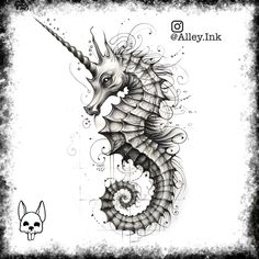 an ink drawing of a sea horse with swirls on it's head and tail