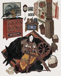 an illustration of a woman sitting in front of a black cat and various items on the floor