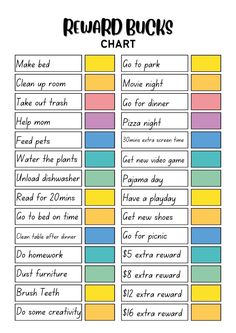 printable reward cards for kids to use in the classroom or at home, with text that reads reward bucks chart