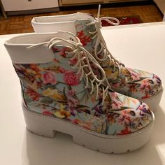 New Flowery Platform Lace Up Boots. Size 10. Never Worn. Multicolor Floral Print Boots For Summer, Multicolor Floral Print Summer Boots, Cute Spring Platform Boots, Casual Multicolor Summer Boots, Spring Platform Boots In Synthetic Material, Casual Floral Print Boots With Round Toe, White Floral Print Round Toe Boots, Casual Floral Print Round Toe Boots, Casual Fabric Boots For Fall