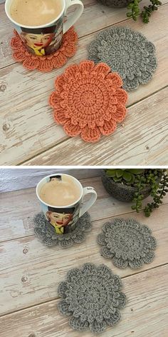 crocheted coasters with coffee cup on them