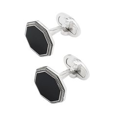 Vintage inspired style for the thoroughly modern man is captured in these classic gemstone cufflinks. 925 Sterling silver octagon settings are inlaid with cut gemstones in your choice of black onyx, white mother of pearl, or grey mother of pearl, and finished with an intricate antiqued border. Handmade with 925 Sterling Silver Packaged in a black wood lacquered box, perfect for gifting, storage, and display use Features an anti-tarnish rhodium finish that makes for lasting wear Matching tuxedo s Modern Octagon Earrings For Formal Occasions, Classic Onyx Jewelry For Formal Occasions, Modern Polished Cufflinks For Formal Occasions, Black Luxury Cufflinks For Formal Occasions, Luxury Black Cufflinks For Formal Occasions, Black Luxury Cufflinks For Formal Wear, Luxury Black Formal Cufflinks, Sterling Silver Polished Cufflinks For Formal Occasions, Sterling Silver Polished Cufflinks For Formal Wear