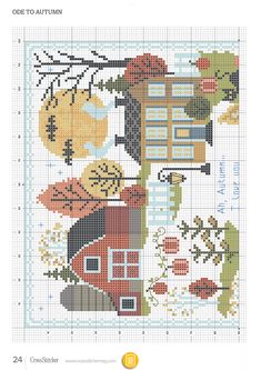 a cross stitch pattern with the words autumn on it and an image of a house