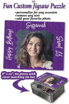 a puzzle box with a photo on it and the words, fun custom jigsaw puzzle