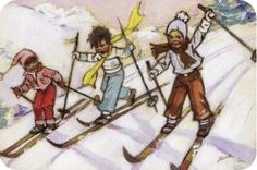 three children skiing down a snowy hill together