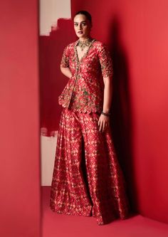 Ridhi Mehra-Saadirah Red Embroidered Peplum And Sharara-INDIASPOPUP.COM Top And Sharara Set, Silk Sharara, Ridhi Mehra, Printed Peplum Top, Embroidered Crop Tops, Sharara Set, Manish, Print Chiffon, Embroidered Silk