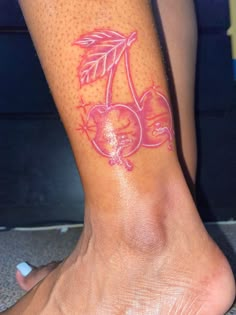 Red ink tattoo of Cherries on lower leg/ankle area! This is my first red ink tattoo on my brown skin. Tattoo On Brown Skin, Chicanas Tattoo, Red Ink Tattoo, Back Of Arm Tattoo, Pink Tattoo, Tattoos For Girls, Black Girls With Tattoos, Chest Tattoos For Women