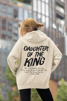 Daughter Of The King Hoodie, Aesthetic Christian Sweatshirt, Women's Religious Sweatshirt, Bible Verse Hoodie, Christian Gifts, Church Shirt 🎀Welcome to the Modtrendy Clothing👕🎁 BLACK TEXT is used for Yellow, Heather Peach, White, Athletic Heather, Mint, Pink, Baby Blue Shirts. Other colored shirts have white text. F I T ∙ & ∙ S I Z I N G : ✨Women's sizes are narrower than the waist. ✨Sleeves are rolled up in some product pictures. They do not come rolled up on delivery. T I M E ∙ T O ∙ D E L Biblical Clothing, Baby Blue Shirt, Daughter Of The King, Christian Shirts Designs, Aesthetic Christian, Blue Shirts, Church Shirt, Hoodie Aesthetic, Text Shirt