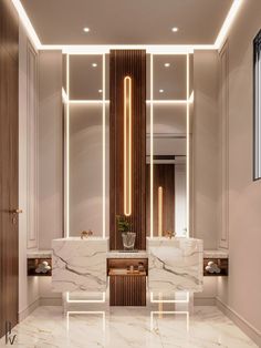 an elegant bathroom with marble counter tops and lights