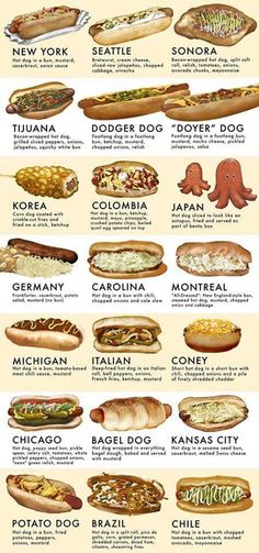 an illustrated poster showing different types of hot dogs