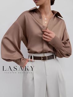 Lasaky - Exquisite Blouse with Lantern Sleeves and Shirt Collar Fashion Blouses, Brown Shirt, Traje Casual, Oversized Blouse, Satin Shirt, Elegant Shirt, Casual Blouse, Lantern Sleeves, Blouse Styles