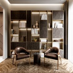 two chairs in front of a bookshelf with many shelves on the wall behind them