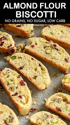 almond flour biscotti with cranberries and pistachios on top