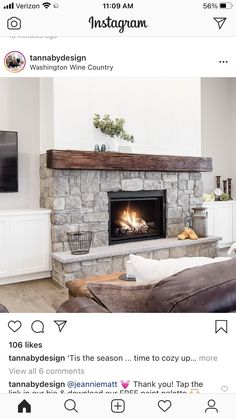 an instagram page with a fireplace in the middle