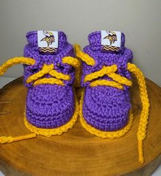 Minnesota Vikings handmade crocheted baby booties, size 3-9 months, SKOL! A nice thing about crocheted booties is they fit loose or tighter as infants grow without crowding toes.  If you'd prefer a different size, team, style or item, please message me. Custom requests are never a problem, providing the necessary time and materials are available. I'll do my best to create inspired work, specifically tailored to meet your needs and deliver joy! Crocheted Baby Booties, Viking Baby, Slippers Boots, Booties Shoes, Crochet Baby Booties, Crib Shoes, Shoes Slippers, Minnesota Vikings, Des Moines