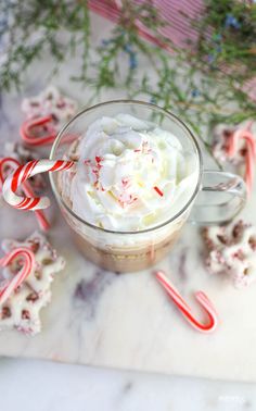 a hot chocolate drink with whipped cream and candy canes