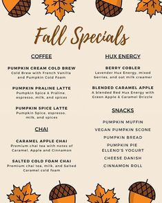 Huxdotter Coffee Fall Specials Menu Seasonal Coffee Drinks, Fall Coffee Drinks, Pumpkin Cream Cold Brew, Homemade Coffee Drinks, Cream Cold Brew, Best Cafe, Espresso Recipes, Coffee Trailer