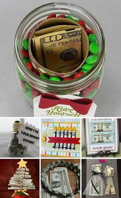 a collage of pictures with money in a jar and other items around the image