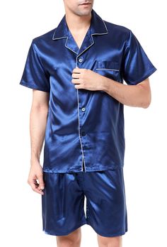 PRICES MAY VARY. Premium silk-like satin pajama set for men, 100% polyester. Short sleeve top with one front pocket on chest. Elastic waistband shorts with one button fly. Light weight polyester satin with silky feel for comfy night sleep. Great gift for family or friend. Good choice for Father's Day gift. New dark colored fabric will lose floating color from its surface, especially black. We suggest you wash your new satin products before wearing. If possible, please use neutral detergent to wa Scene Pajamas, Men Pyjamas, Male Pants, Silk Pajamas Shorts, Pajamas Shorts, Costume Africain, Pyjama Satin, Silk Pajama, Mens Pajamas Set