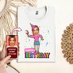 Custom Face Birthday Shirt, Funny Birthday Matching Tshirt, Shirt For Women, Birthday Party, Custom Photo Birthday  The Standard T-Shirt, personalized to suit your individual style, serves as the perfect medium for self-expression. Made from 100% preshrunk cotton, this timeless short-sleeve tee not only ensures comfort but also offers ample opportunities for print-on-demand customization. Whether you seek to showcase your creativity, promote your brand, or commemorate a special occasion, the Gli Customizable Crew Neck T-shirt For Party, Customizable Crew Neck Party T-shirt, Custom Print Crew Neck T-shirt For Birthday Gift, Fun Customizable T-shirt For Birthday, White Novelty T-shirt For Birthday, Fun Personalized T-shirt For Birthday, Custom Print Crew Neck T-shirt For Birthday, Customizable Fun T-shirt For Birthdays, Crew Neck T-shirt With Name Print For Birthday