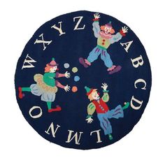 a round rug with clowns on it and the words wyzzzab on it