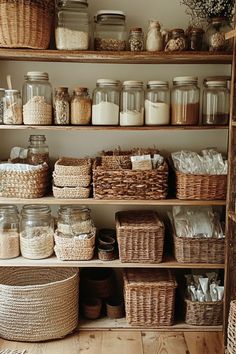 the shelves are filled with baskets, jars, and other items in wicker baskets