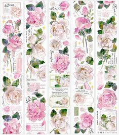 some pink flowers and green leaves are on the side of a sheet of stickers