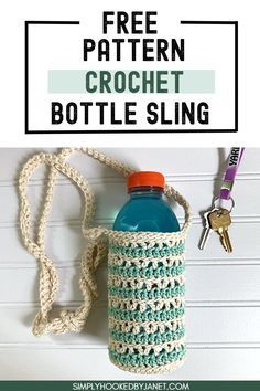 a crochet bottle sling is shown with the text free pattern and instructions to make it