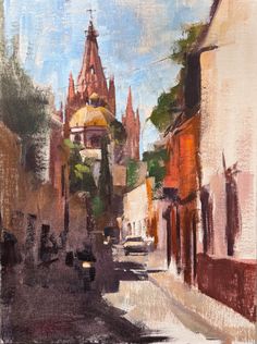 an oil painting of a city street with buildings on both sides and a church steeple in the background