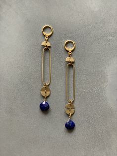 18k gold plated lever back earrings with black brass, tarnish resistant brass and lapis. 3.5” length. Turquoise Stone Jewelry, Brass Jewellery, Forever Jewelry, Handmade Wire Jewelry, Funky Jewelry, Upcycled Jewelry, Brass Jewelry, Jewellery Design, Fashion Mode