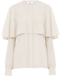 Chloe Pristine White Long Sleeve Layered Blouse Round neck Cape overlayer Long sleeves; button cuffs Concealed button down front closure Relaxed fit 100% silk Silk Blouse With Set-in Long Sleeves, Evening Blouse With Button Cuffs And Collar, Elegant Spring Blouse With Cuffs, Elegant Spring Blouse With Cuff, Spring Workwear Blouse With Cuffs, Spring Workwear Blouse With Open Cuff, Elegant Fall Tops With Set-in Sleeves, Silk Long Sleeve Blouse With Set-in Sleeves, Formal Cream Blouse With Button Cuffs