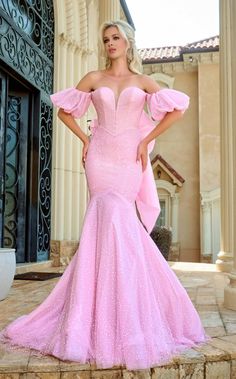 Portia and Scarlett PS24065 Pink Detailed Prom Dress, Detachable Puff Sleeves, Trumpet Prom Dress, Plus Size Sequin Dresses, Portia And Scarlett, Formal Prom Dresses Long, Scarlett Dresses, Black Tie Wedding Guests, Formal Dresses With Sleeves