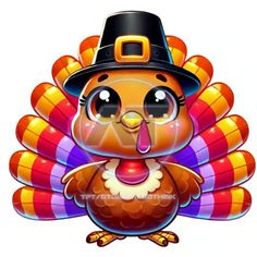 a cartoon turkey wearing a pilgrim hat