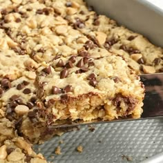 a close up of a pan of food with chocolate chip cookies and oatmeal bars