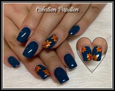 Fall Wedding Acrylic Nails, Blue Nails With Pumpkins, First Day Of Fall Nails, Rust Nails Acrylic, Burnt Orange And Navy Nails, Blue And Orange Fall Nails, Navy And Orange Nails, Navy Fall Nails, Orange And Teal Nails