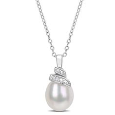 Sweet and stylish, this lovely White Freshwater Cultured Pearl and Diamond Accent Pendant with Chain will add delicate charm to your style. Mounted in luminous sterling silver, this pendant features one rice shaped, gleaming white freshwater cultured pearl (6.5 - 7mm) and two round-cut, shimmering diamonds (H-I, I3) that are embellished on the pendant using pave setting. This pendant is suspended on 18-inch round cable chain. Polished to a brilliant shine, this pendant is the perfect addition to Sterling Silver White Gold Teardrop Pendant Pearl Necklace, White Gold Sterling Silver Teardrop Pendant Pearl Necklace, White Gold Sterling Silver Teardrop Pearl Necklace, Pear-shaped Sterling Silver Necklace With Diamond Accents, Pear-shaped White Gold Sterling Silver Necklace, Silver Pear-shaped Necklace, Swirl Necklace, Silver Necklaces Women, Pendant With Chain