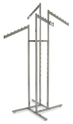 4-Way Rack, Square Tube Uprights, w/ 18 Rectangular Downslant Waterfall Arms, Chrome Small Boutique Decor, Retail Clothing Display, Clothing Display Rack, Poster Display Stand, Vending Machine Design, Visual Merchandising Fashion, Clothing Display, Metal Clothes Rack, Clothing Store Interior