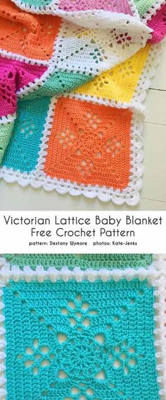 the crocheted baby blanket is made with bright colors