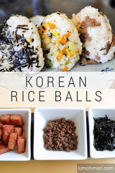 korean rice balls with different toppings in small bowls