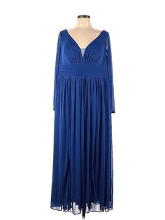 Azazie Casual Dress Size: Large Blue Dresses - used. 100% POLYESTER, Maxi, V-Neck, Midi/Calf Length, 3/4 Sleeve | Azazie Casual Dress: Blue Dresses - Size Large Plus Blue Maxi Length V-neck Party Dress, Blue Maxi Length V-neck Dress For Party, Blue Flowy Empire Waist Maxi Dress, Blue Flowy Maxi Dress With Empire Waist, Flowy Blue Maxi Dress With Empire Waist, Flowy Blue V-neck Maxi Dress, Blue Long Sleeve Maxi Dress For Dinner, Blue Empire Waist Maxi Dress With Ruched Detail, Blue Empire Waist Ruched Maxi Dress