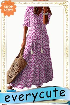 Pink V Neck Casual Geometric Print Maxi Dress Casual A-line Dress With Geometric Pattern, Bohemian Maxi Dress With Geometric Pattern For Spring, Geometric Pattern Short Sleeve Dresses, Geometric Pattern Dress For Summer Vacation, Casual Summer Dresses With Geometric Pattern, Summer Dresses With Geometric Pattern And Short Sleeves, Bohemian Summer Maxi Dress With Geometric Pattern, Summer Beach Maxi Dress With Geometric Pattern, V-neck Geometric Pattern Beach Dresses