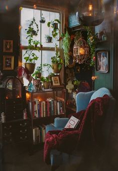 a living room filled with furniture and lots of plants on the window sill next to a bookshelf