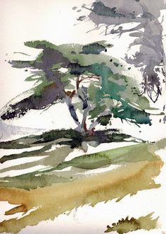 a watercolor painting of a tree on a white paper with green and yellow colors